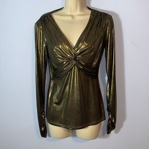Cache liquid gold bronze twist knot front long sleeve metallic vneck blouse SML